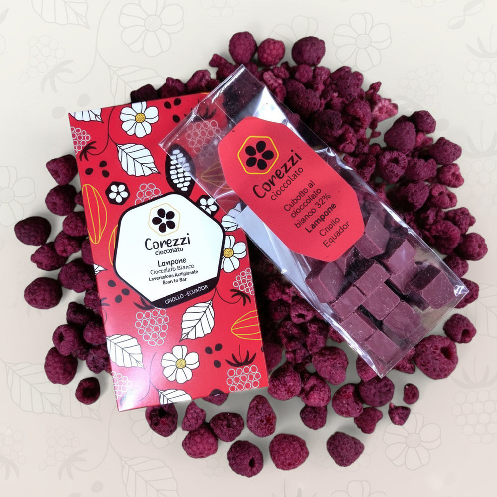 Cioccolato Bianco al Lampone 38% - Cubotti da 100g | Gusto Equilibrato e Delicato - Corezzi Cioccolato