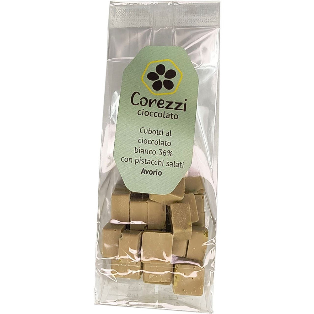 Cioccolato Bianco 36% con Pistacchio di Bronte Salato - Cubotti 100g - Corezzi Cioccolato