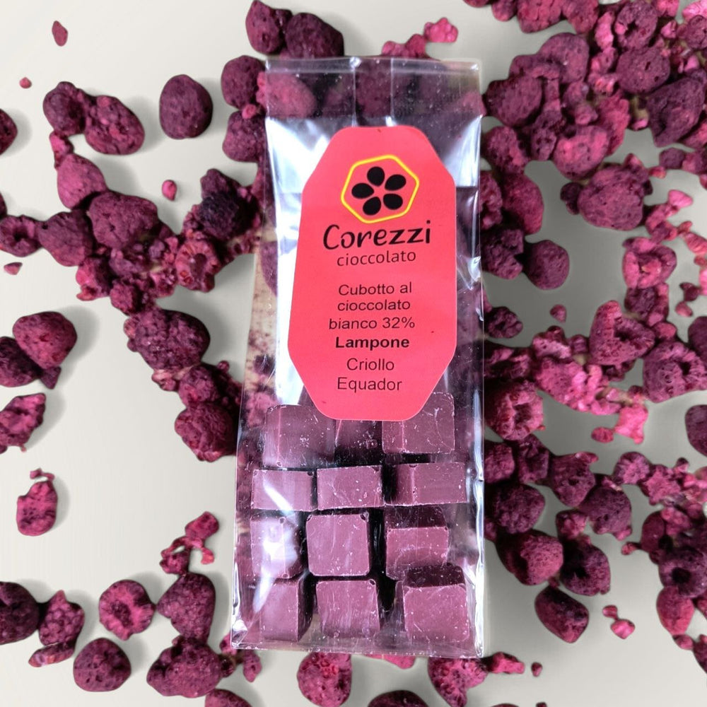 Cioccolato Bianco al Lampone 32% - Cubotti da 100g | Gusto Equilibrato e Delicato - Corezzi Cioccolato