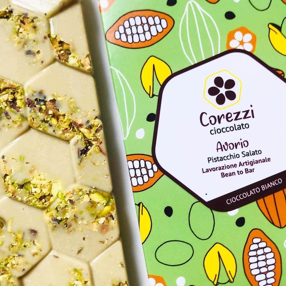 Cioccolato Bianco 36% con Pistacchio di Bronte Salato - Barretta 80g - Corezzi Cioccolato
